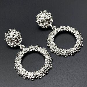 Silver Double Round Circular Textured Dangling Drop Post Back Earrings